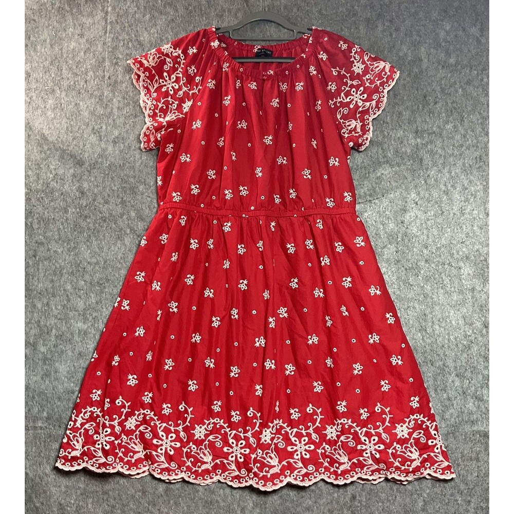 Lane Bryant Dress Womens 16 Red Embroidered Floral Pockets Cotton Fit & Flare